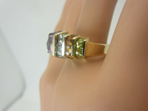14K Oro Amarillo Amatista Topacio Azul Citrino Peridoto Anillo 6CT Tw Pirámide - Imagen 5 de 11