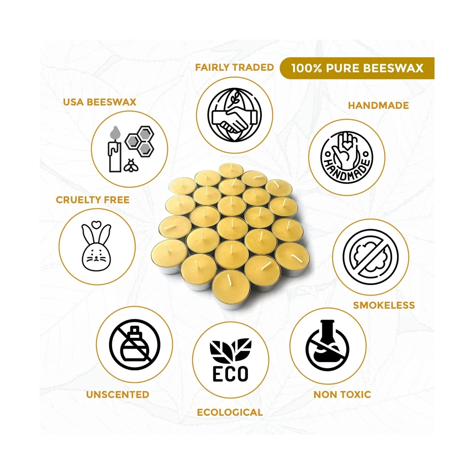 Tealights de cera de abejas pura (paquete de 48) - Luces de té sin perfume con luz y naturaleza... Foto 4 de 4