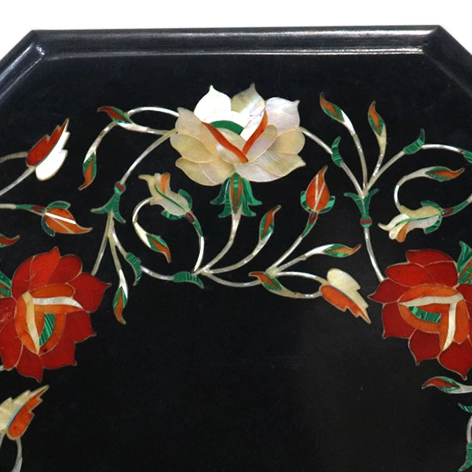 12" Marble Coffee Table Top Gems Inlay HandMade Table Marquetry Art Home Decor - Image 3 of 4