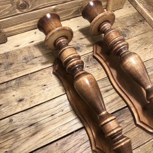 Vintage Pair Turned Wooden Wall Candle Sconces 16” Brass Insert - Picture 2 of 6