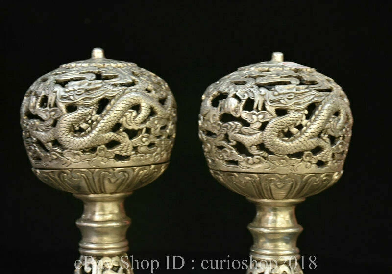 Par de quemadores de incienso incensario hueco patrón dragón dinastía plata China de 8,6 " Foto 2 de 4