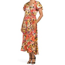 Nicole Miller Floral Print Asymmetrical Ruffle Front Wrap Midi Dress Orange XS