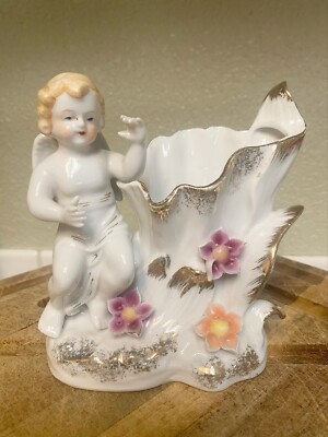 Vtg Porcelain Angel Cherub Vase Plant Holder White & Gold W/ Embossed Flower