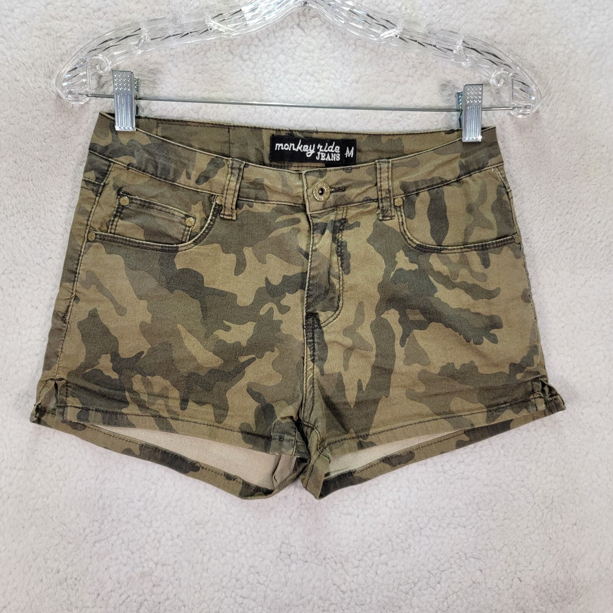 Monkey Ride Womens Shorts Size M Green Camouflage Denim Low Rise