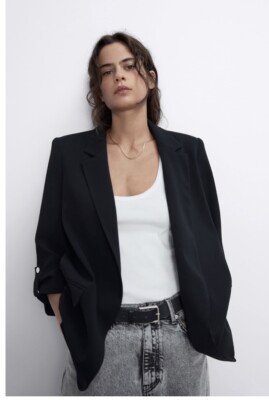 saco Zara Black Blazer Jacket With Rolled Up Sleeves Xs UK8
