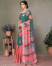 New Linen Cotton Sari With Unstitched Blouse Piece Party Wedding Wear For Women