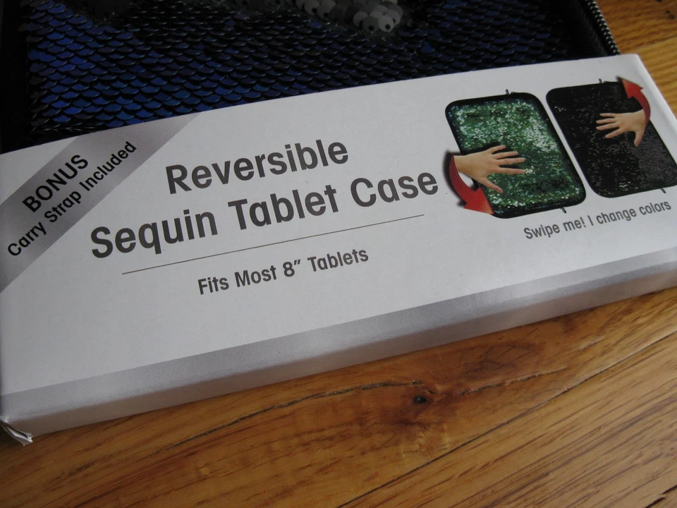 Reversible Sequin Tablet Case for 8" Tablet &Carry Strap Mermaid Green Black NEW - Image 3 of 4