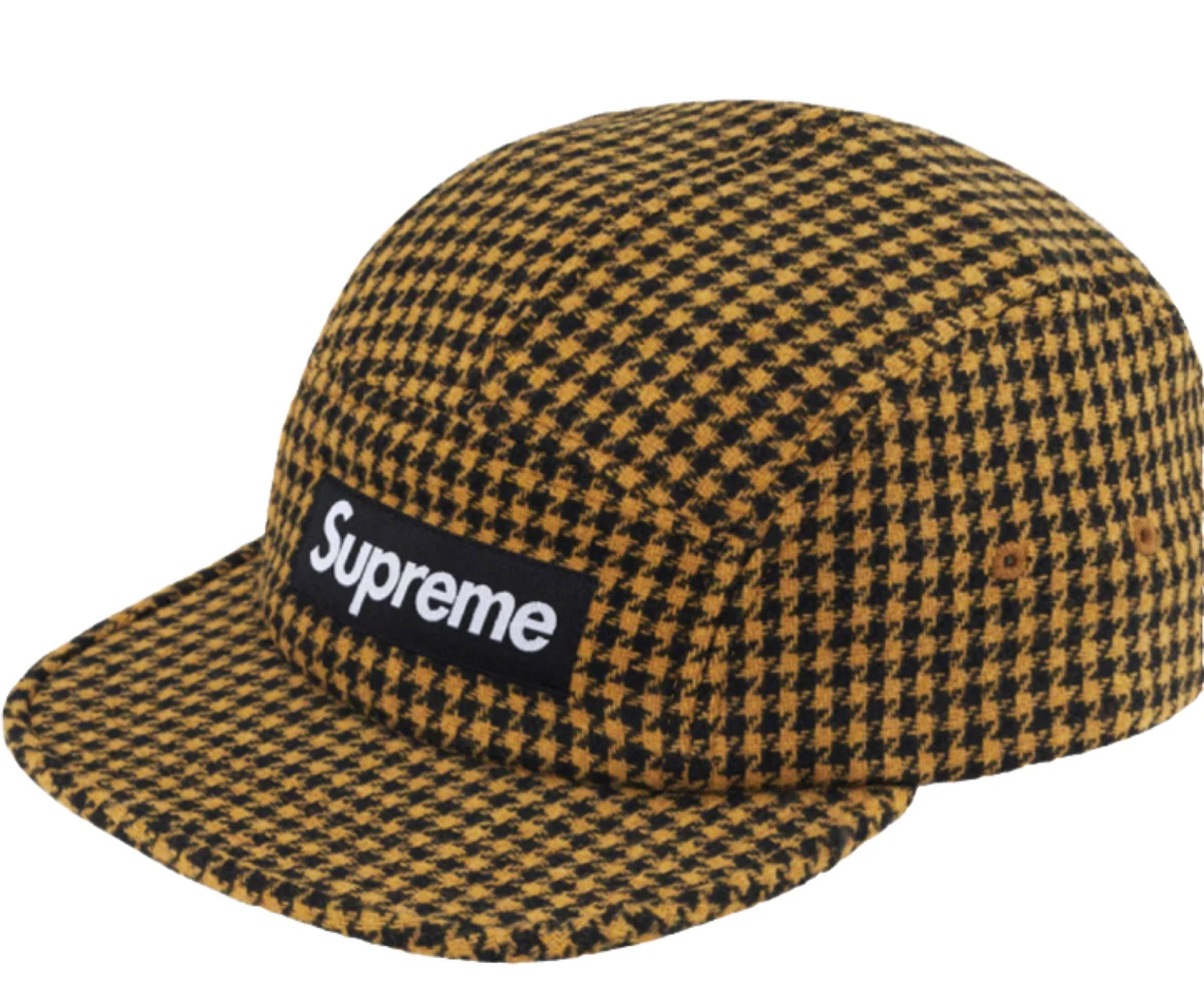 SUPREME HOUNDSTOOTH PLAID WOOL CAMP CAP YELLOW OS FW23 WEEK 18 AUTHENTIC/  NEW