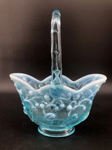 Fenton Glass Aqua Blue Opalescent Lily Of The Valley Basket - Original Label