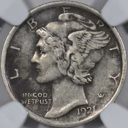 1921-P 10C Mercury Dime, Graded XF45 By NGC, Rotated Die Reverse (Approx 15°)