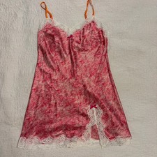 Vintage Victoria's Secret red  cream floral white lace slip dress w bow Sz S