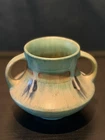 Vintage art pottery double handled vase 385 blue green drip glaze