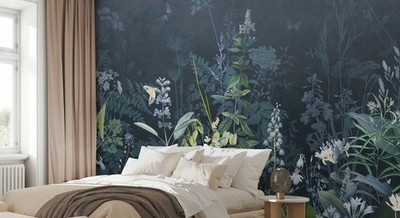 Midnight Botanical Wallpaper, Dark Floral Wall Mural