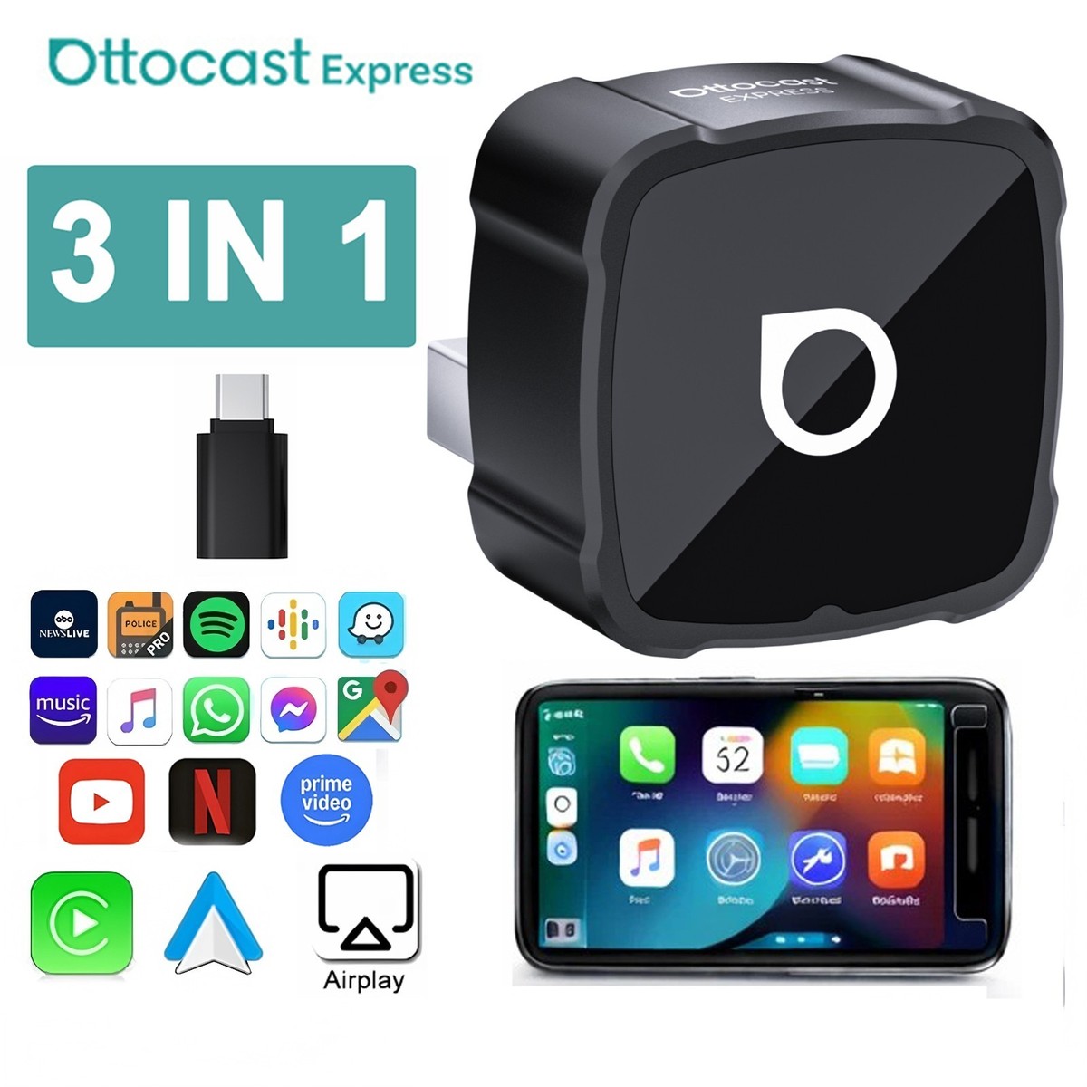 OTTOCAST Draadloze CarPlay-adapter voor iPhone, draadloze CarPlay dongle voor iOS, plug & play, automatische verbinding, draadloos, compatibel met in de fabriek bekabelde CarPlay-voertuigen
