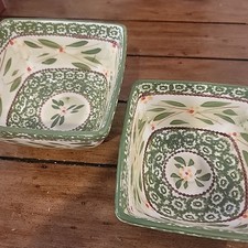 Temp-tation Dinnerware Old World Green 2 Square Bowls/Bakers 7" & 6" oven & bake