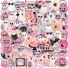 136PCS Spooky Halloween Stickers,Pink Ghost Cute Girlie Waterproof Vinyl Sticker