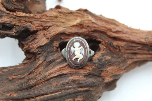 Antique Victorian Silver Ornate Cupid Angel Cameo Ring Size 4.5 Cherub