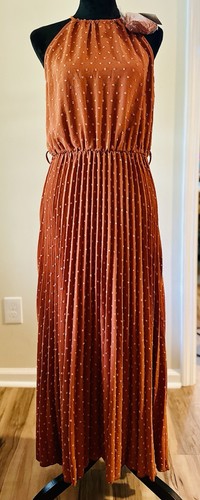 PrettyGarden NWT Chic Burnt Orange Swiss Dot Pleated Tie Waist Halter Dress Sz L