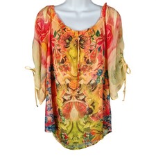 Boho Butterfly Floral Kaleidoscopic Print Sheer Tunic Top Beaded Tie Front Boho Butterfly Floral Kaleidoscopic Print Sheer Tunic Top Beaded Tie Front