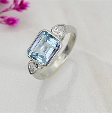 2.75 Ct Emerald cut Aquamarine Ring Engagement Ring 14K White Gold solid
