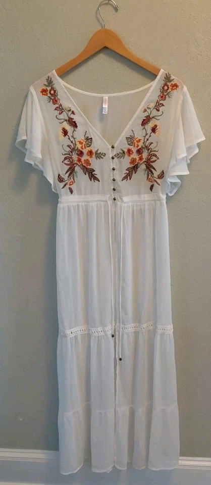 Top Boho Floral Bordado Blanco Transparente Maxi Largo Mujer Talla Mediana Festival Foto 2 de 4