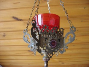 Old Russian,Lamp for Icon,Orthodox Antique bronze,Imperial Russia, Red Glass