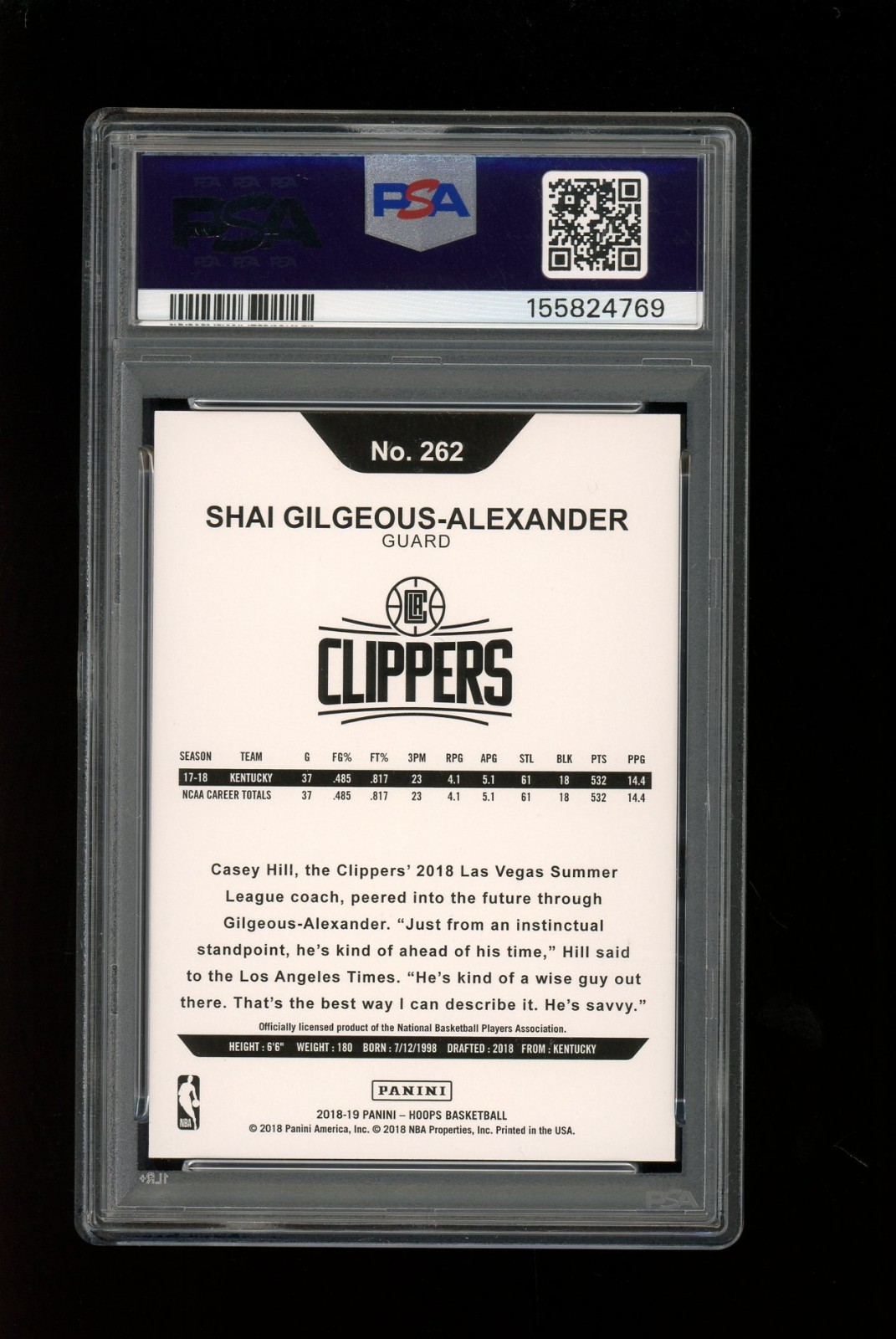 2018 Panini Hoops Winter #262 Shai Gilgeous-Alexander Clippers RC Rookie PSA 10 view 2