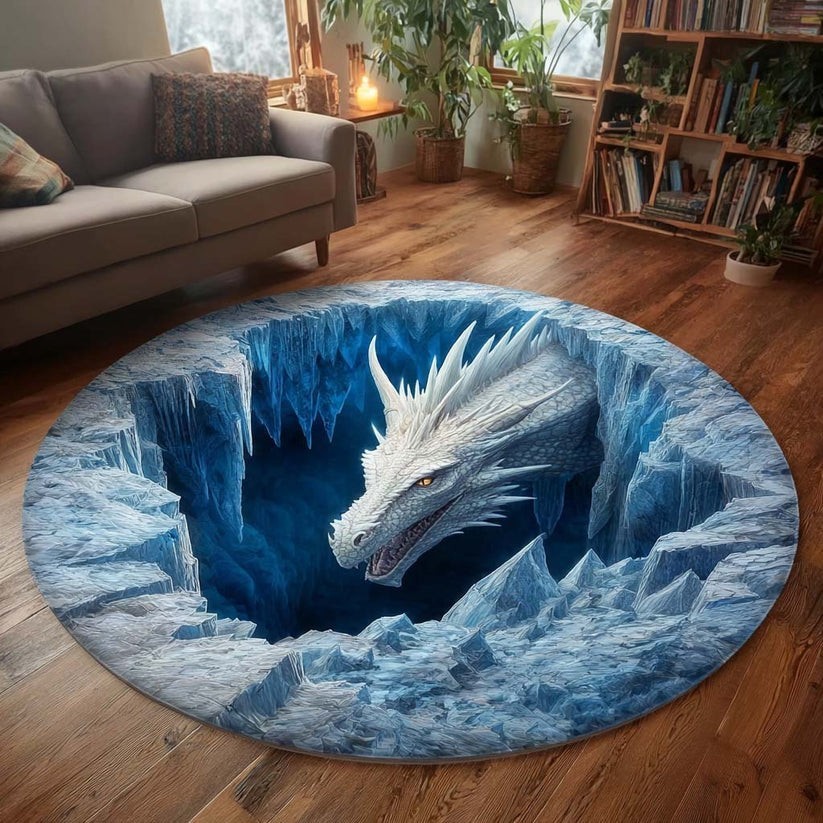 3D Ice Dragon Round Rug Fantasy Cave Area Rug Cool Blue Floor Mat Home Decor
