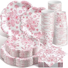 250 Pcs Pink Floral Disposable Plates And Napkins Pink And White Floral Tablewar
