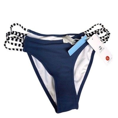 Cupshe Womens Blue Ribbed Strappy Side Bikini Bottom Striped Trim Size S NEW