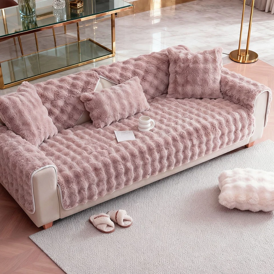 Faux Fur Rabbit Plush Knitted Sofa Cover, Soft Winter Warm Couch Cover for Home - Image 3 of 4