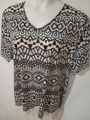 Catherines Womens 2X Tunic Top Tan Black Aztec Crochet Fringe Short Sleeve 22/24