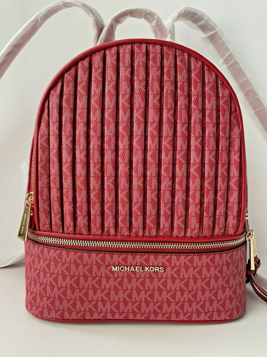 🌹NWT Michael Kors Rhea Zip MEDIUM Backpack 🎒Crimson Red MK Logo Pleated  Detail