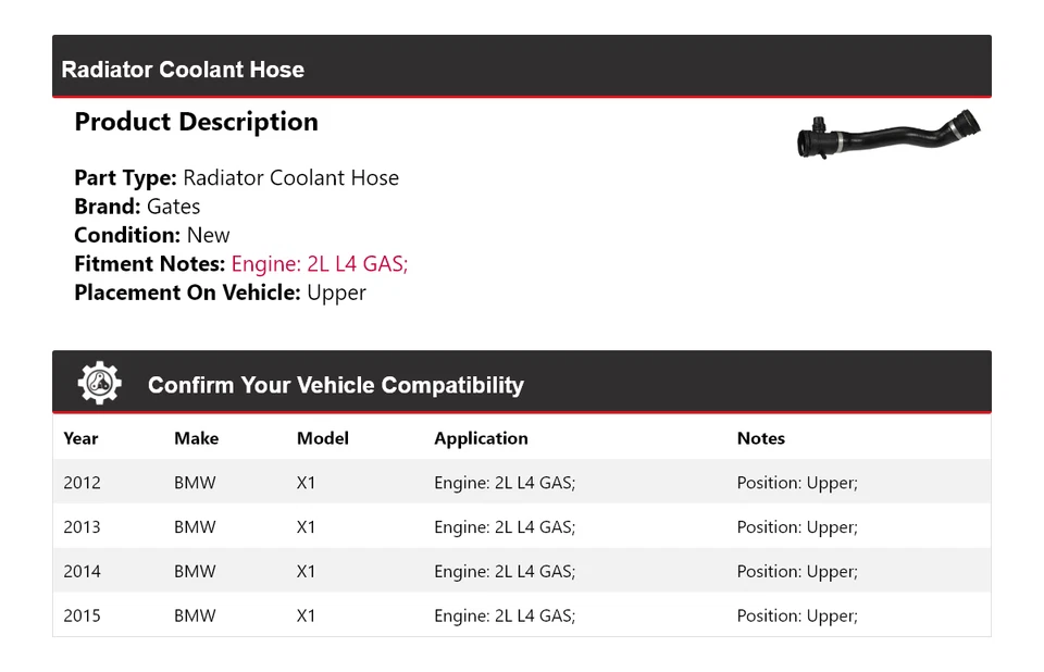Manguera de refrigerante de radiador de gas para BMW X1 2012-2015 2L L4 2013 2014 Foto 2 de 3