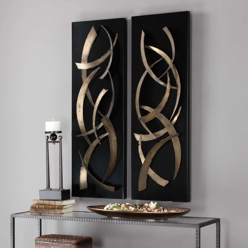TWO ABSTRACT 47" CUT METAL MODERN ART WALL PANELS BRUSHED GOLD & BLACK 04139 - Picture 1 of 5