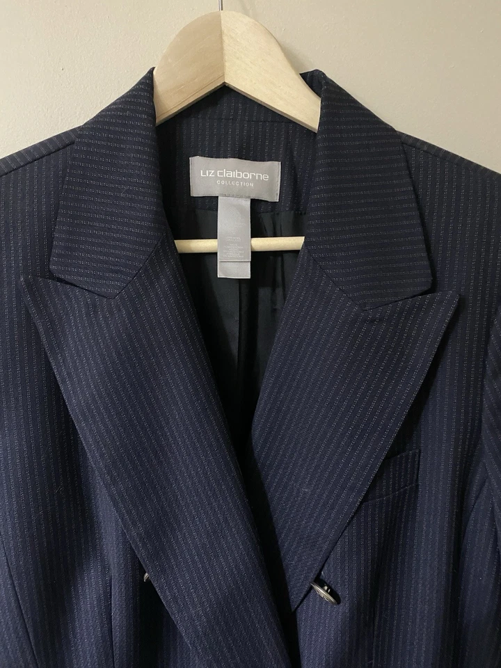 Blazer Clásico Liz Claiborne Lana Rayas Náutico Doble Pecho 12 Nuevo con Etiquetas Foto 2 de 4