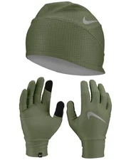 Nike Womens Essential Beanie Hat and Glove Set Oil Green XS / Small