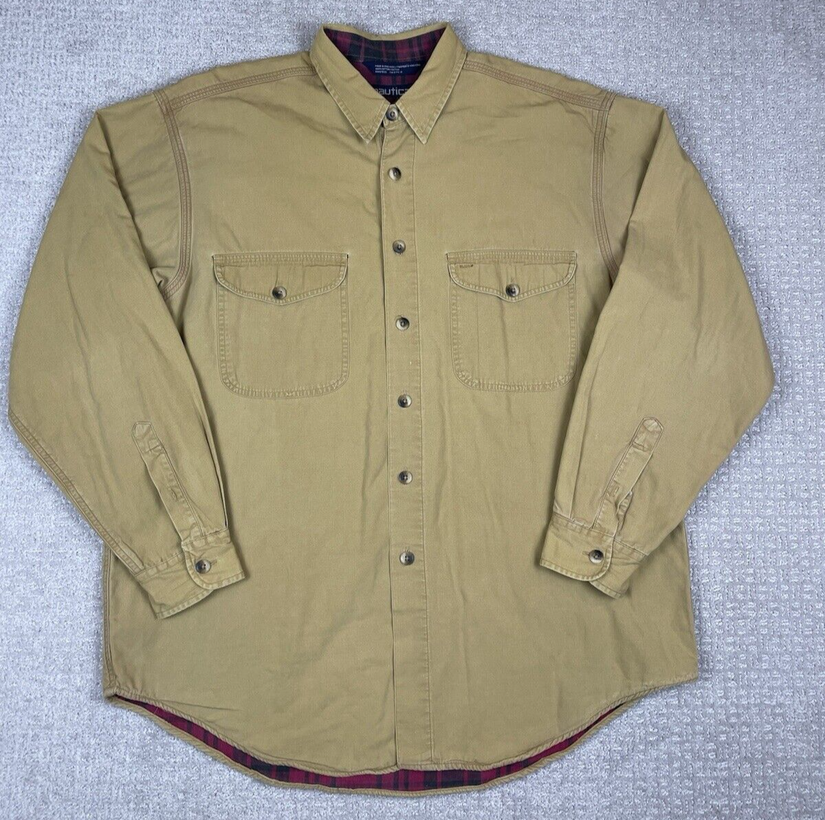 Vintage Nautica Shirt Men’s L Beige Flannel Lined Shacket Oversized Chore Grunge