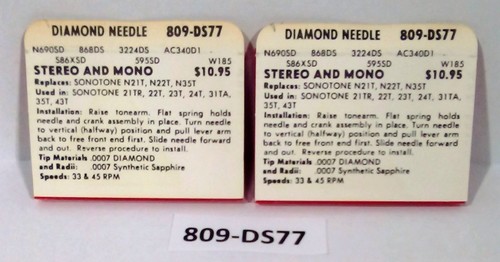 ( 2 PACK ) NEW DIAMOND NEEDLE STYLUS 809-DS77 SONOTONE N21T, N22T, N35T - Picture 2 of 2