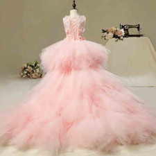Long Trailing Appliques Dress Pink Tulle Ball Gown Girls Pageant Gown Weddings
