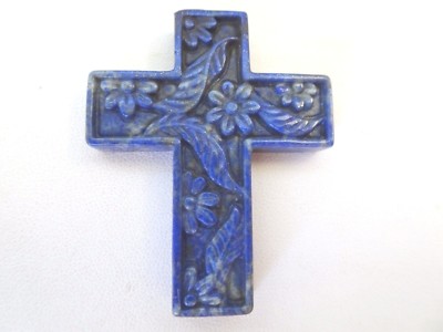 Genuine Blue Lapis Cross with Flower and Leaf Carving 