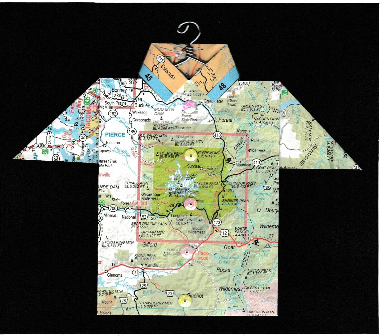 Origami Map Shirt Washington, Mount Rainier, Packwood, Randle, A