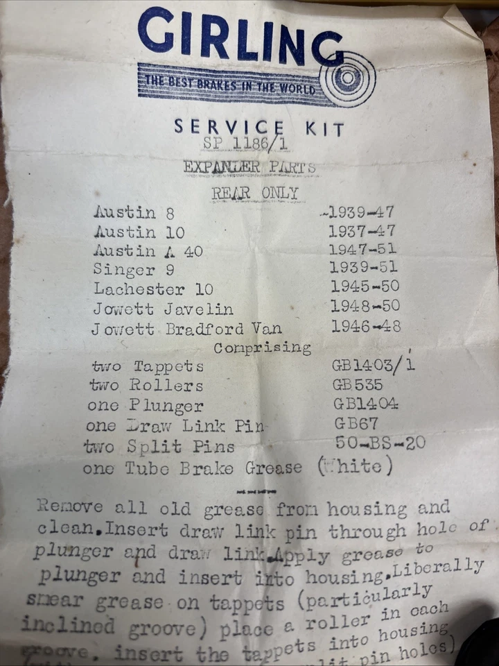 Austin 8hp 10hp A40 Singer 9 Jowett Lanchester 10 NOS Girling Brake Expander Set - Image 3 of 4