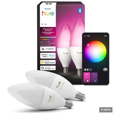 Philips Hue Smart LED Candle Bulb, B39, E12, 2 Pack, White and Color Ambiance, F