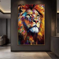Abstract Animal Canvas Handmade Oil Painting Colorful Lion Painting Modern Styli