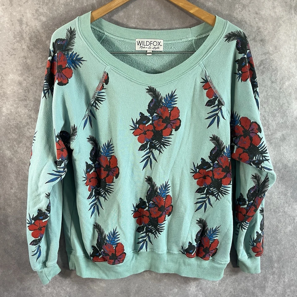 Wildfox Sweatshirt Womens XS Turquoise Hibiscus Dreams Floral Tropical Pullover - Image 2 of 4