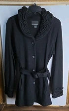Cynthia Rowley Women's Black Ruffle Collar Boiled Wool Button-Up Coat Size Med