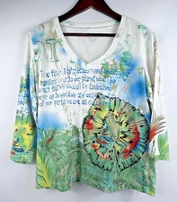 Chico's V-Neck Top Size 2 Large Cotton Frog Rainforest Environment Preservation