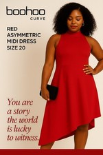 Boohoo High Neck Asymmetric Midi Skater Dress | UK20 | Sleeveless | Red | Fierce