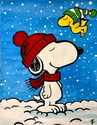 KTC 11x14 Acrylic Painting Christmas Snoopy Woodstock Winter Impressionism Art